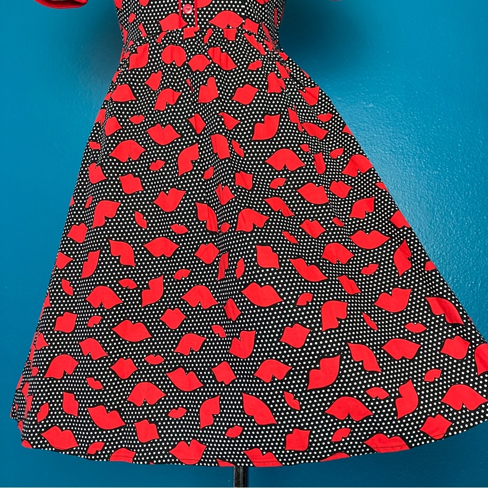 Retrolicious Retro Lips Fit & Flare Dress in Red & Black Polka Dot w/ Collar - Picture 11 of 15